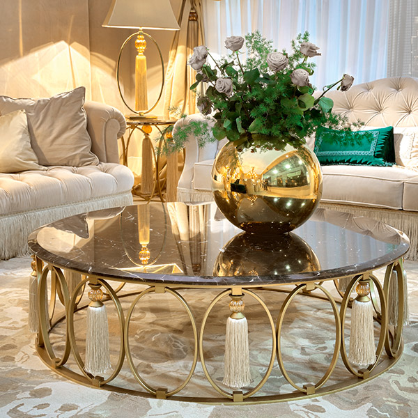 PML04<br>
round side table, gold glaze finish with amber crystal balls and tassels, 
bevelled edge cappuccino marble top 
Ø 62 x 65 cm
