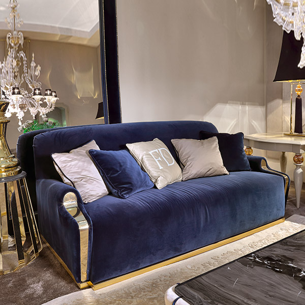 G8802 Lucrezia<br> 
sofa with steel base, gold finish    
200 x 105 x 90 cm<br>
 
GmR07<br>
mirror polished gold finish steel table, polished bevelled edge 
cappuccino marble top    
Ø 60 x 53 cm<br>
 
0458 <br>
table with legs with amber crystal balls   
97 x 97 x 70 cm<br>

G3043<br>
steel lamp, gold finish with amber crystal ball and tassel,
complete with lampshade
30 x 15 x 104 cm<br>

4029I<br>
smooth framed mirror with nailhead trim  
125 x 10 x 200 cm