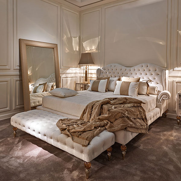 GL3060 Adelaide<br>
elegance bed gold version
230 x 250 x 135 cm<br>

G1128 LUCAS<br>
buttoned pouffe with steel feet, gold finish with amber crystal ball
180 x 60 x 40 cm<br>

GL1311<br>
2-drawer nightstand, buttoned sides, steel feet with gold finish and amber crystal ball, 
complete with amber knobs
64 x  45 x  71 cm<br>

G3043<br>
steel lamp, gold finish with amber crystal ball and tassel, complete with shade
30 x 15 x 104 cm<br>

GL1310<br>
3-drawer dresser, buttoned sides, steel feet with gold finish and amber crystal ball, 
complete with amber knobs
160 x 69 x 102 cm<br>

4001<br>
round mirror with butterflies, gold   
Ø 120 cm<br>

G3042 <br>
floor lamp with steel frame, gold finish, amber crystal balls and tassel,complete with lampshade  
30 x 20 x 186 cm<br>

4029I<br>
smooth framed mirror with nailhead trim 
125 x 10 x 200 cm<br>

5500<br>
high boiserie panel 
H. 270 mt. lineare